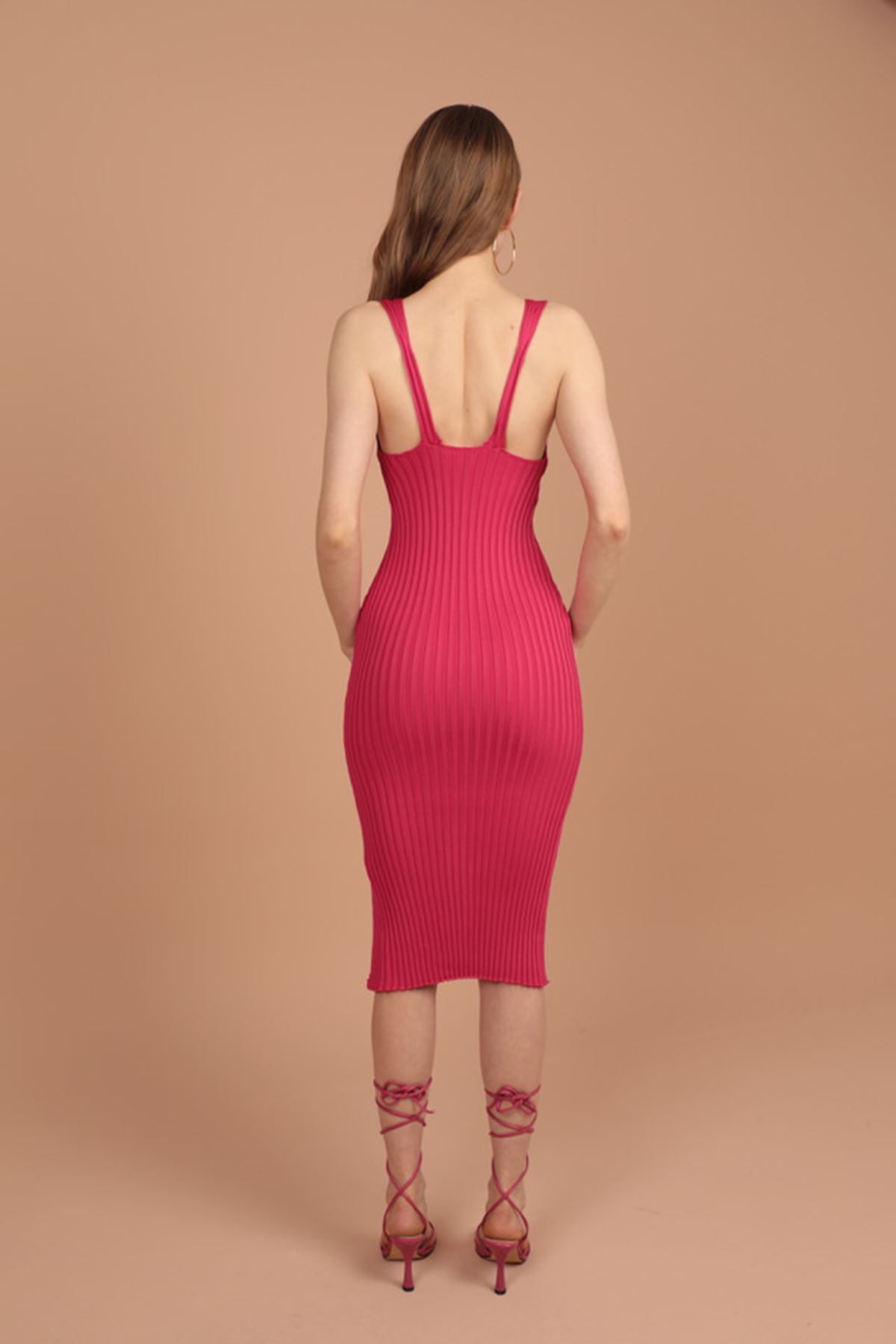 Triko Kalın Fitil V Yaka Kadın Elbise-Fuşya