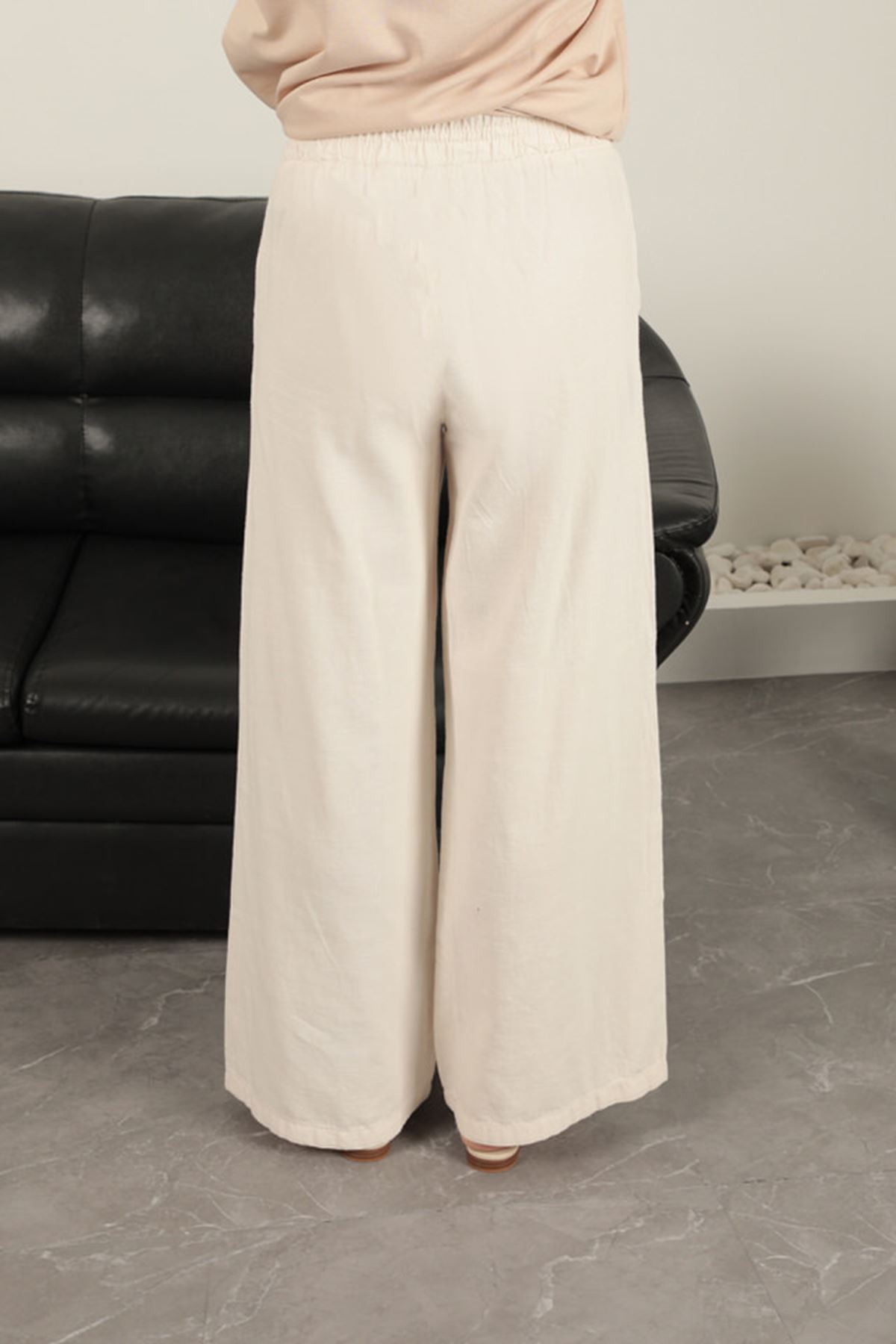 Keten Kumaş Bol Paça Kadın Pantolon-Ekru