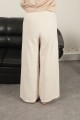 Keten Kumaş Bol Paça Kadın Pantolon-Ekru
