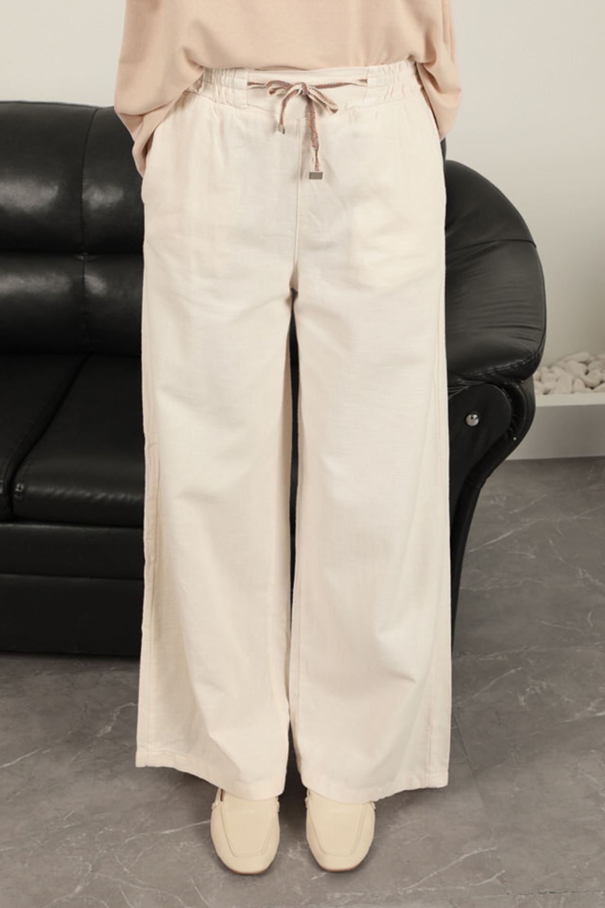 Keten Kumaş Bol Paça Kadın Pantolon-Ekru