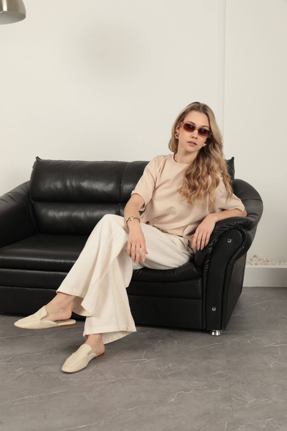 Keten Kumaş Bol Paça Kadın Pantolon-Ekru