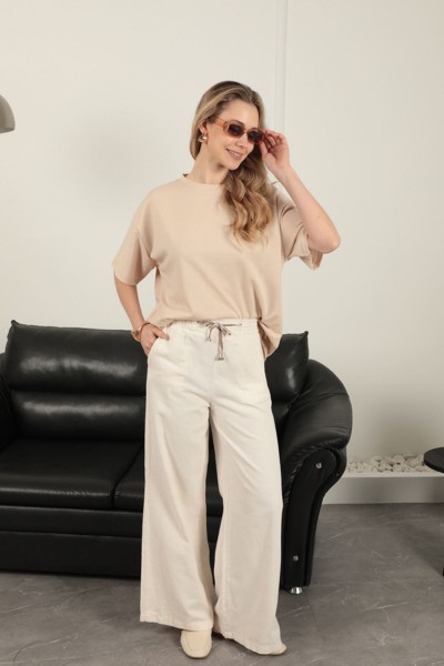 Keten Kumaş Bol Paça Kadın Pantolon-Ekru