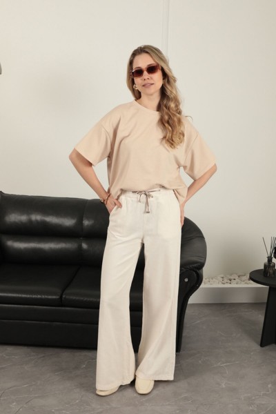 Keten Kumaş Bol Paça Kadın Pantolon-Ekru