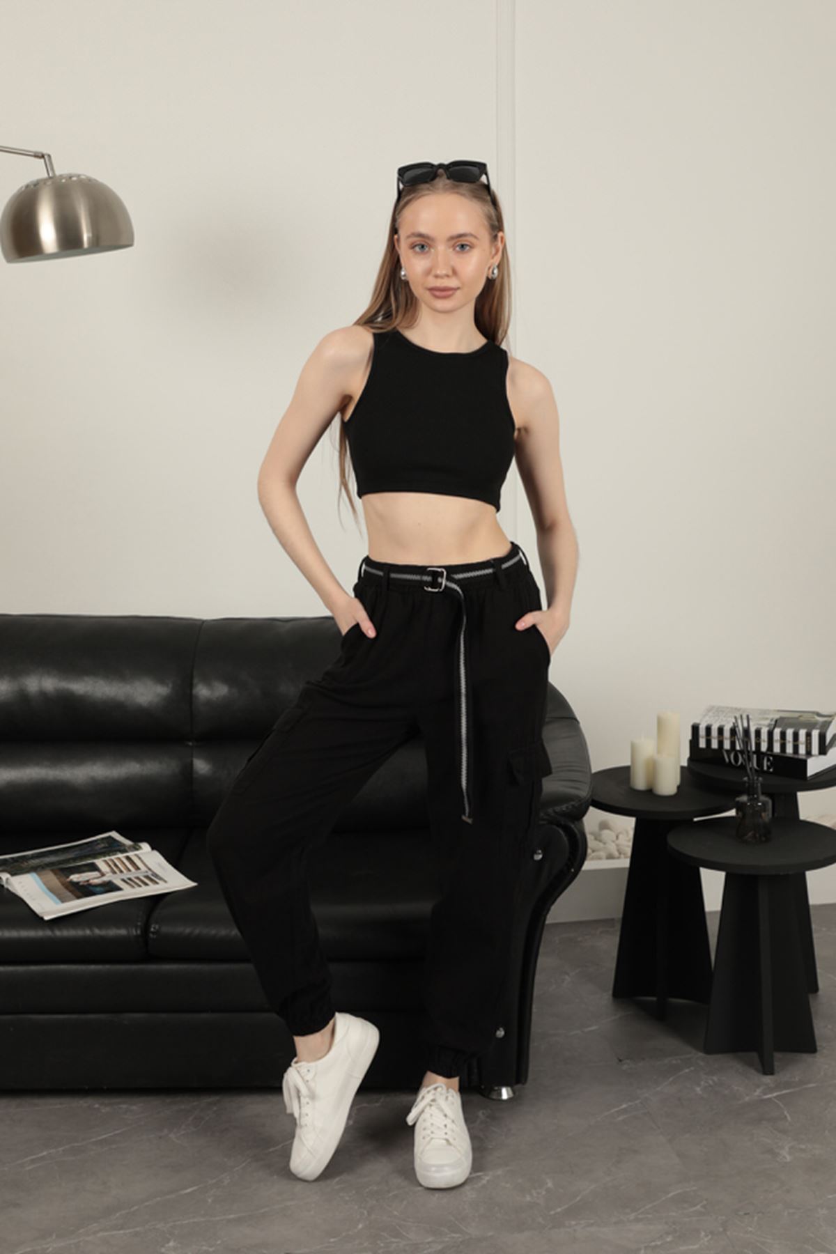 Gabardin Kumaş Kemerli Kargo Kadın Pantolon-Siyah