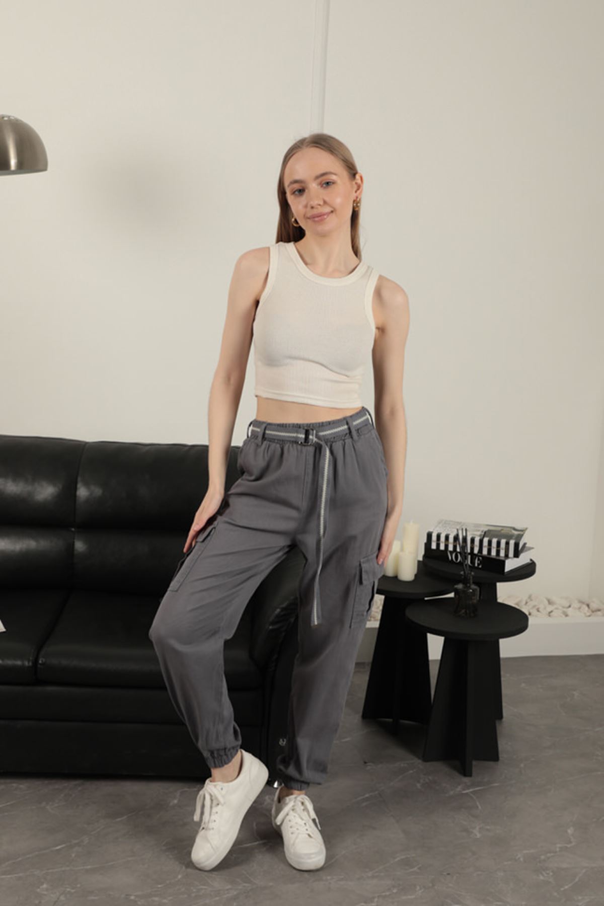 Gabardin Kumaş Kemerli Kargo Kadın Pantolon-Antrasit