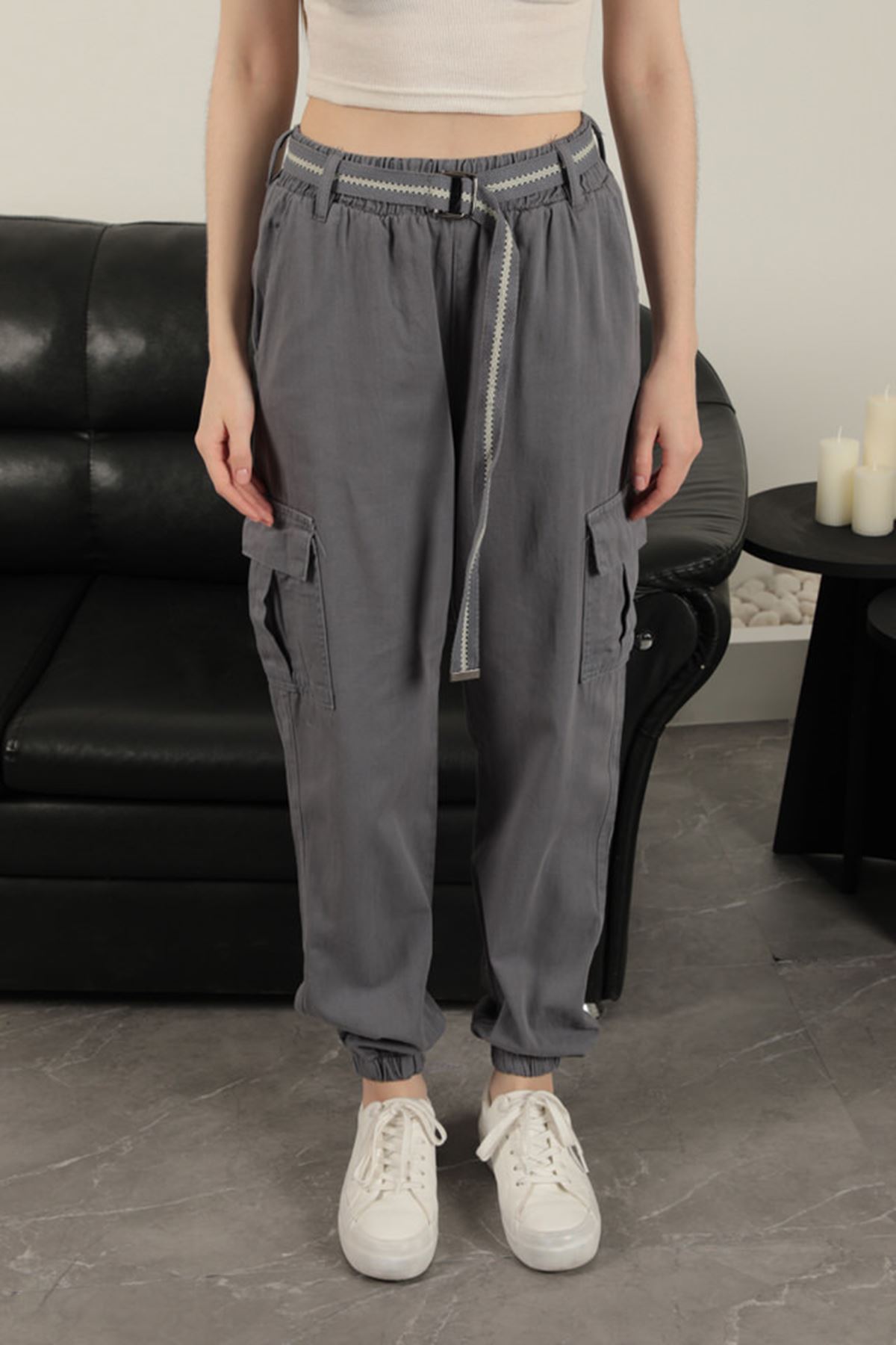 Gabardin Kumaş Kemerli Kargo Kadın Pantolon-Antrasit