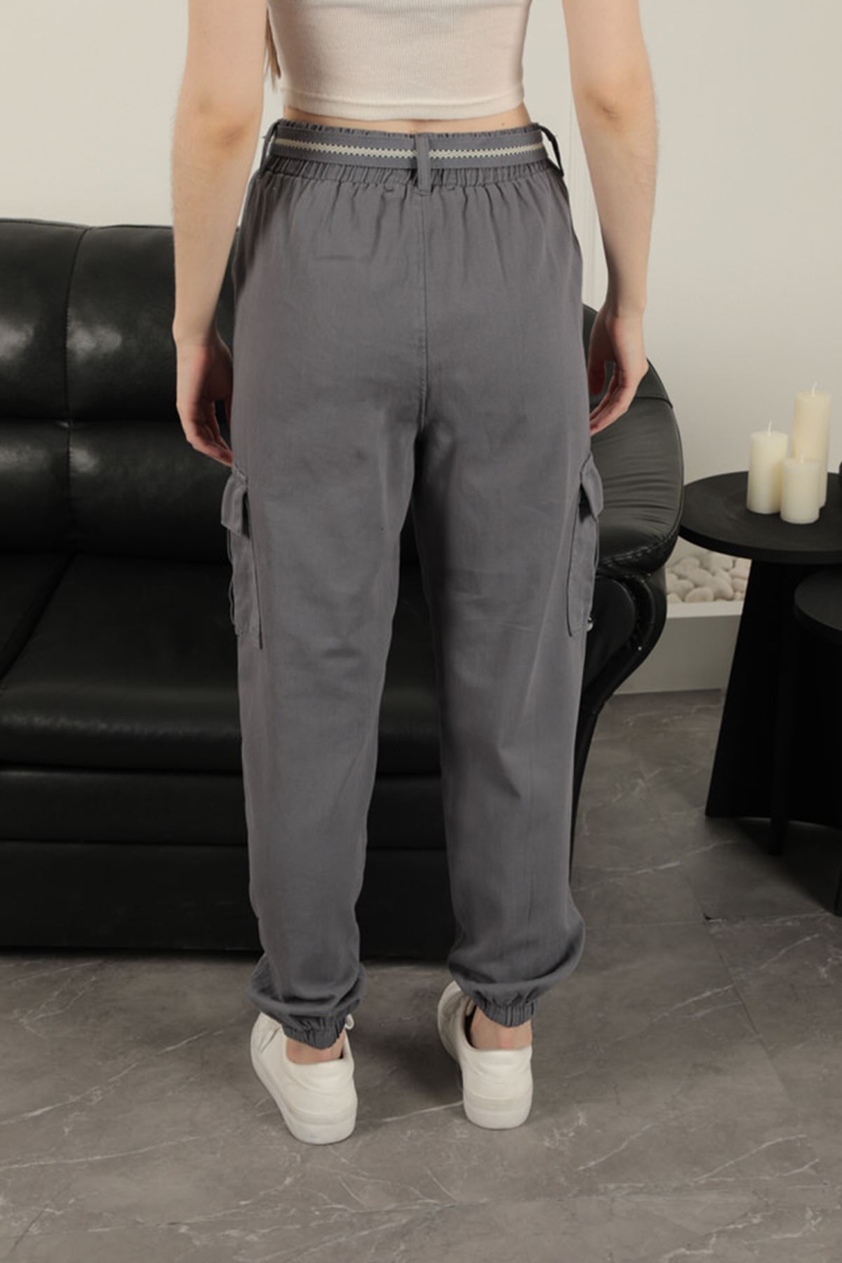 Gabardin Kumaş Kemerli Kargo Kadın Pantolon-Antrasit