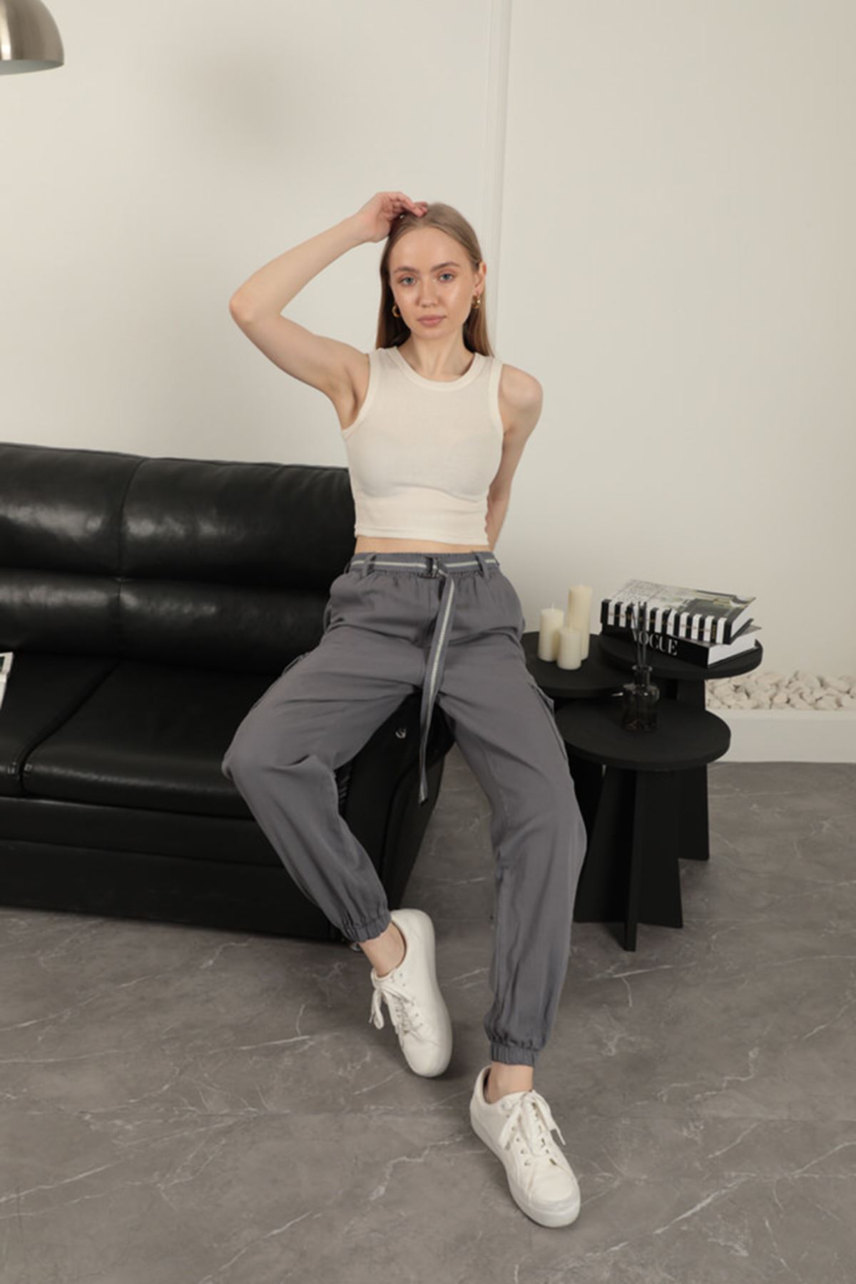 Gabardin Kumaş Kemerli Kargo Kadın Pantolon-Antrasit