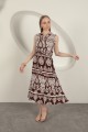Viskon Kumaş Etnik Desenli Elbise-Kahve