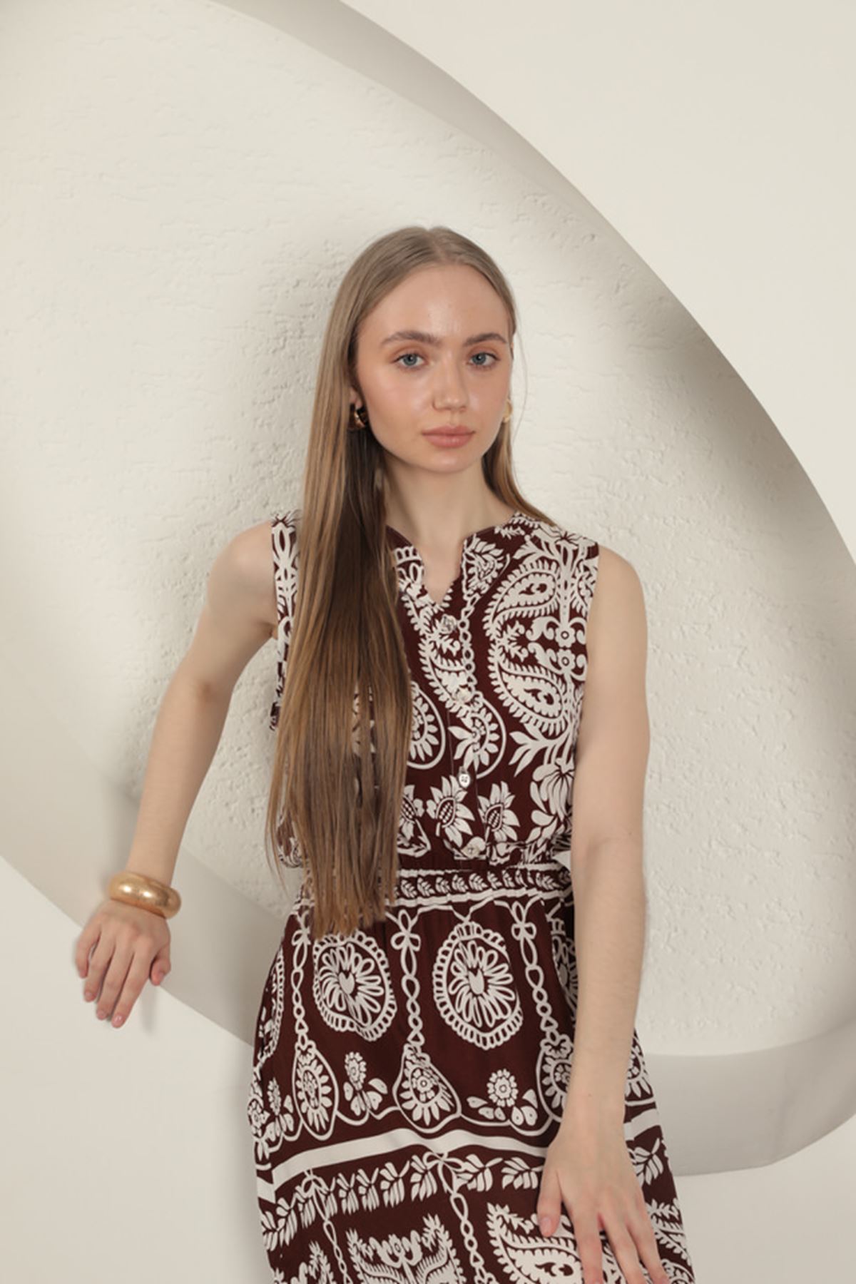 Viskon Kumaş Etnik Desenli Elbise-Kahve