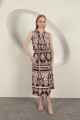 Viskon Kumaş Etnik Desenli Elbise-Kahve