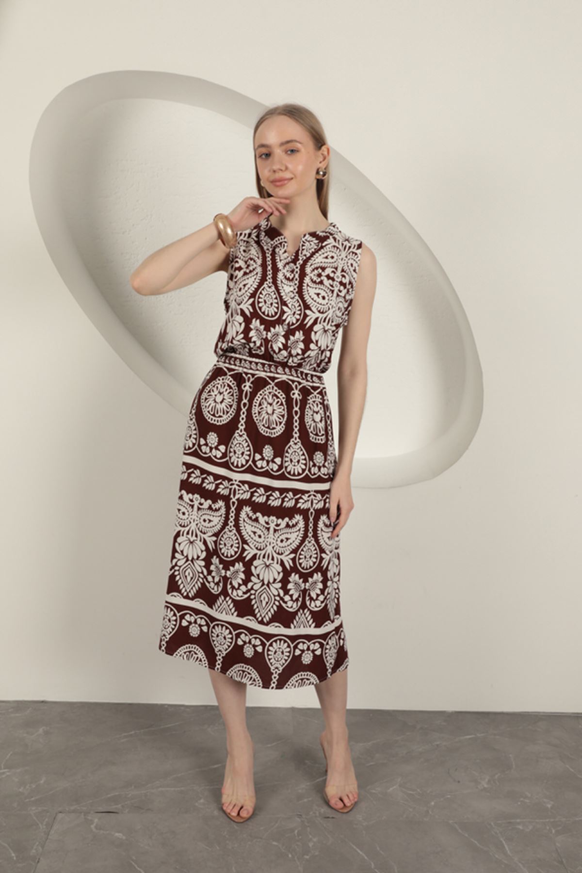 Viskon Kumaş Etnik Desenli Elbise-Kahve