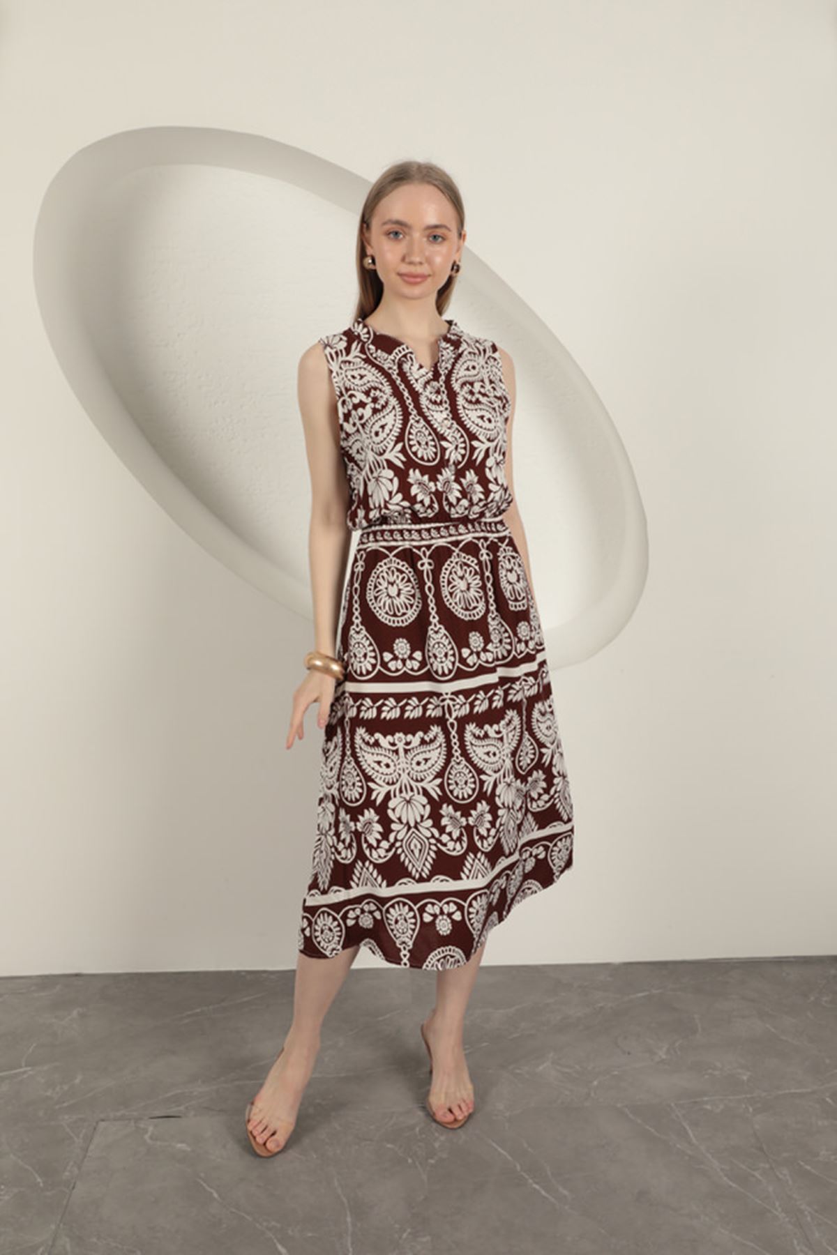 Viskon Kumaş Etnik Desenli Elbise-Kahve