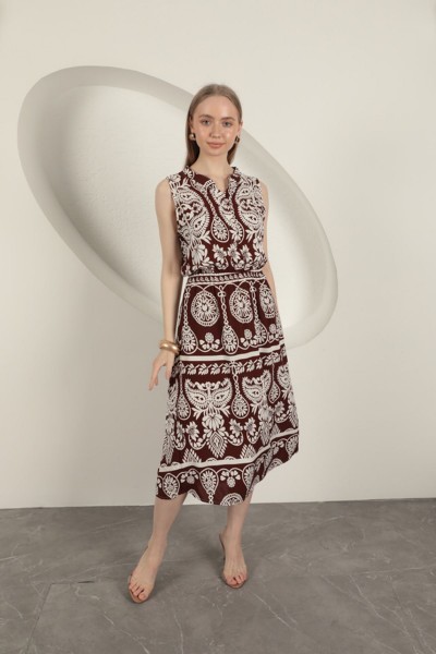 Viskon Kumaş Etnik Desenli Elbise-Kahve