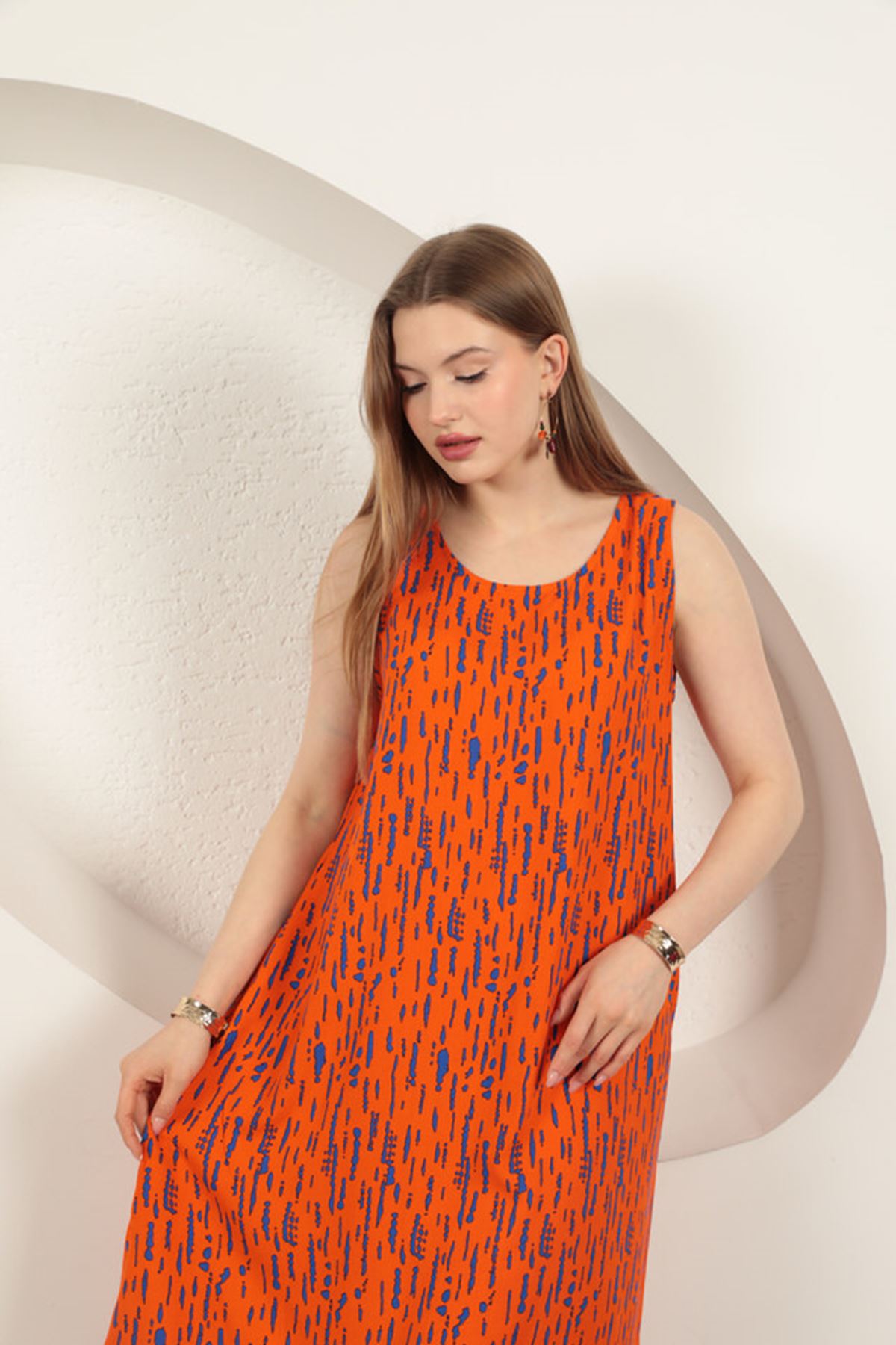 Viskon Kumaş Desenli Elbise-Oranj