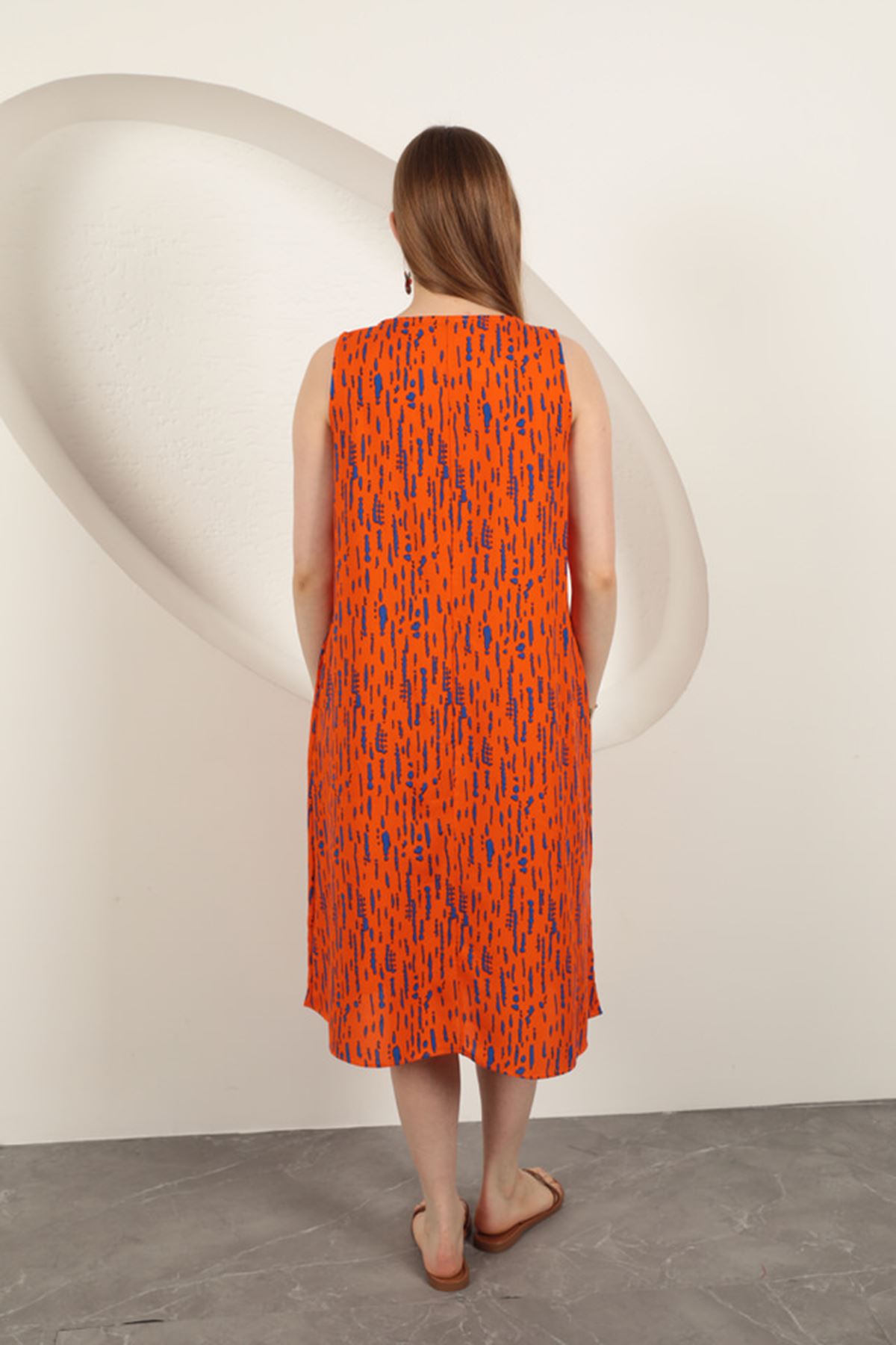 Viskon Kumaş Desenli Elbise-Oranj