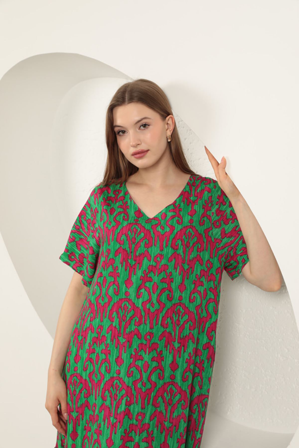 Viskon Kumaş Desenli Elbise-Fuşya