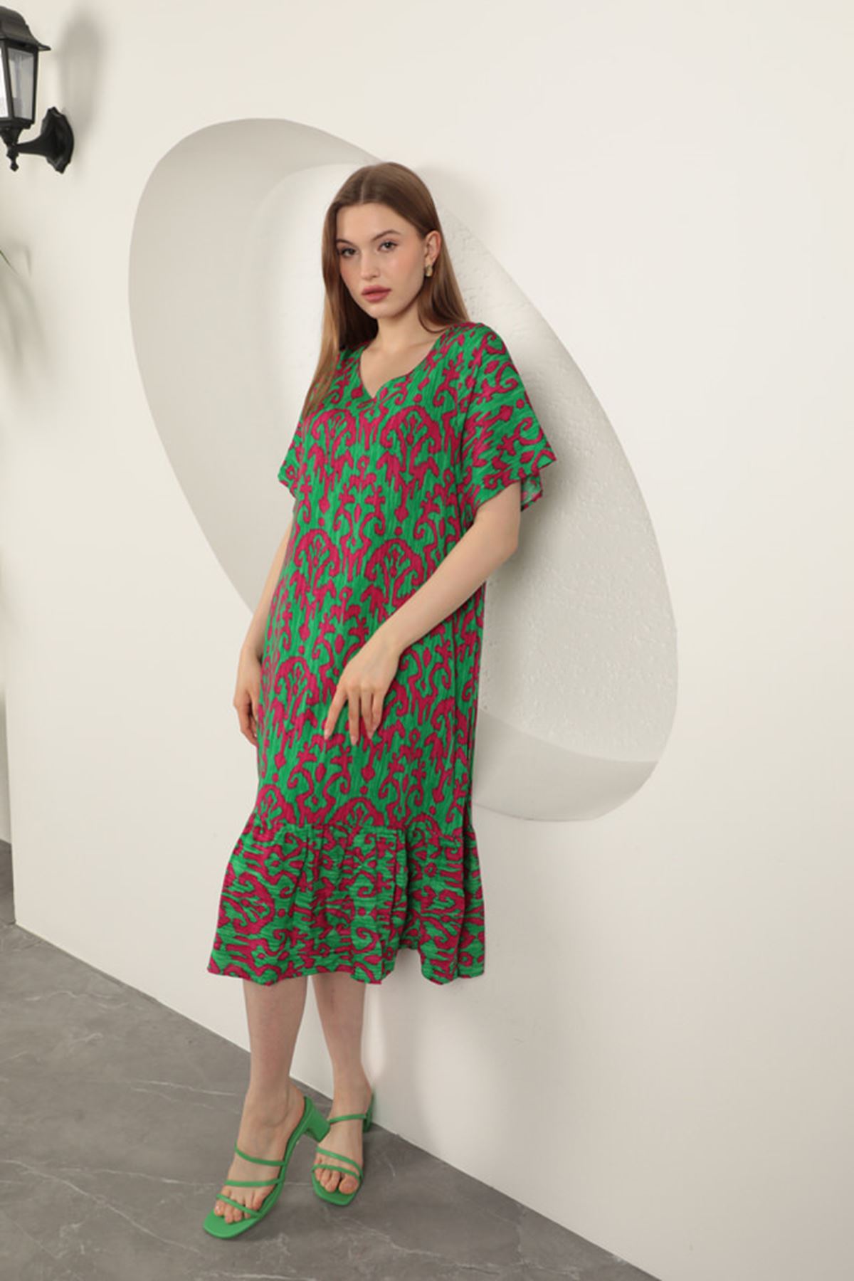 Viskon Kumaş Desenli Elbise-Fuşya