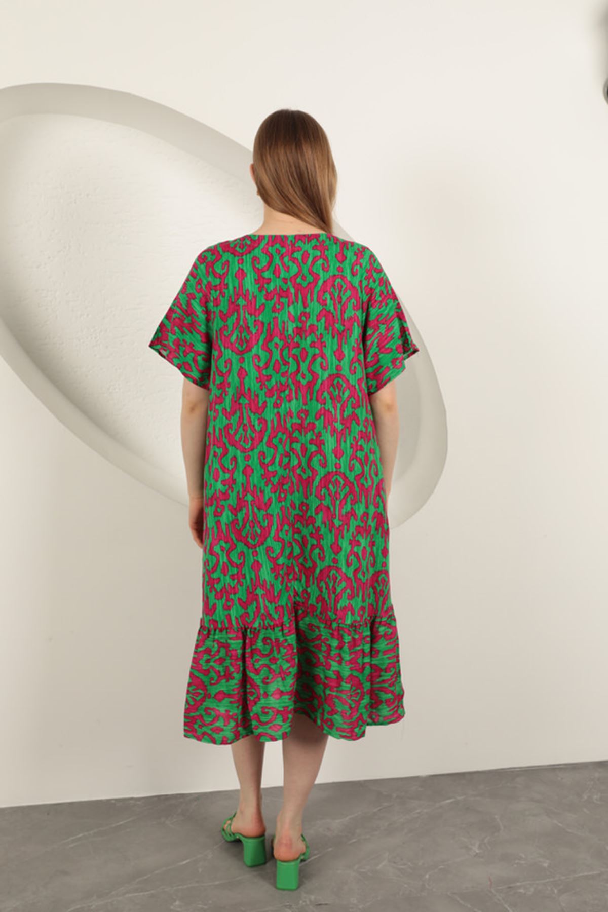 Viskon Kumaş Desenli Elbise-Fuşya