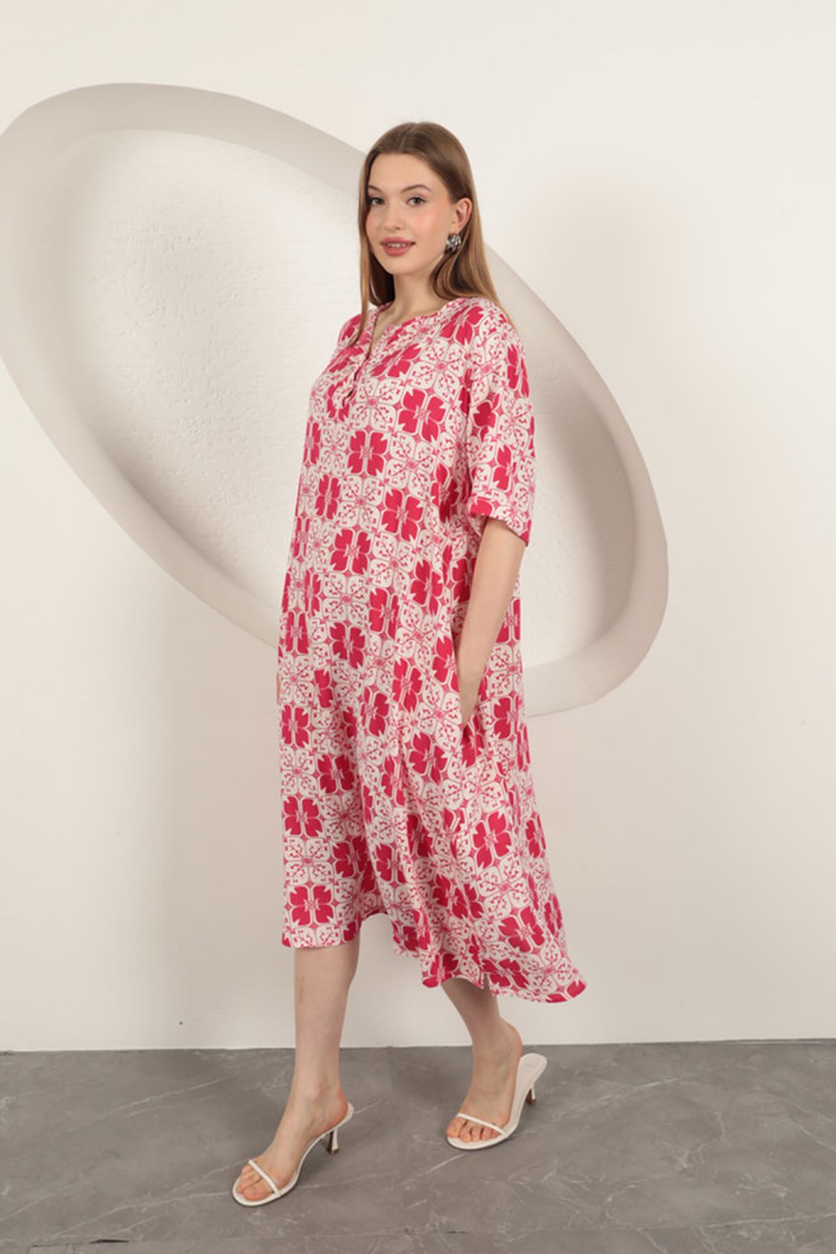 Viskon Kumaş Desenli Elbise-Fuşya
