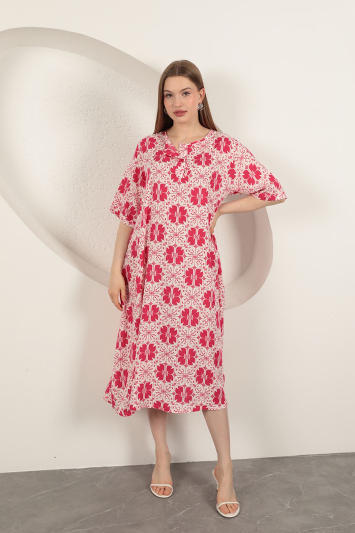 Viskon Kumaş Desenli Elbise-Fuşya