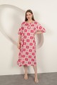 Viskon Kumaş Desenli Elbise-Fuşya