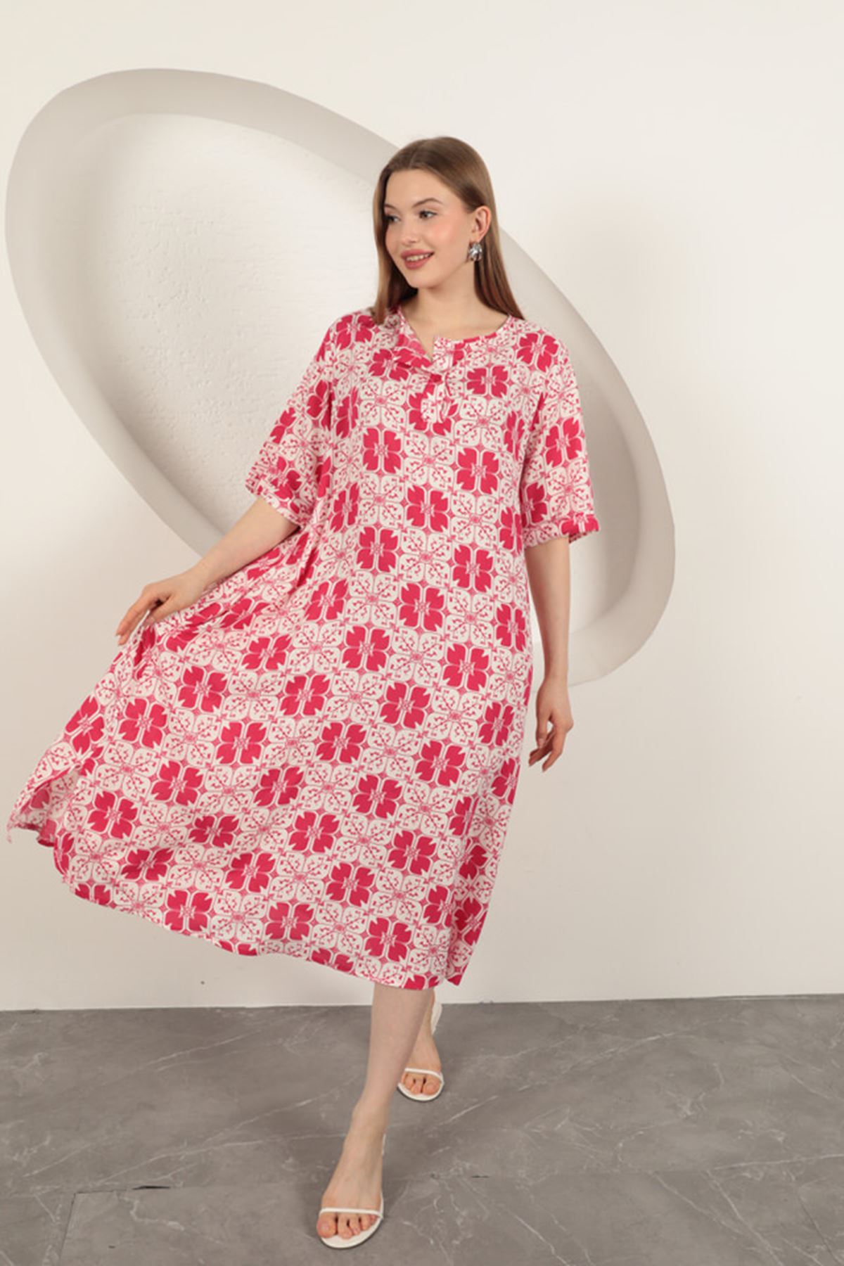 Viskon Kumaş Desenli Elbise-Fuşya