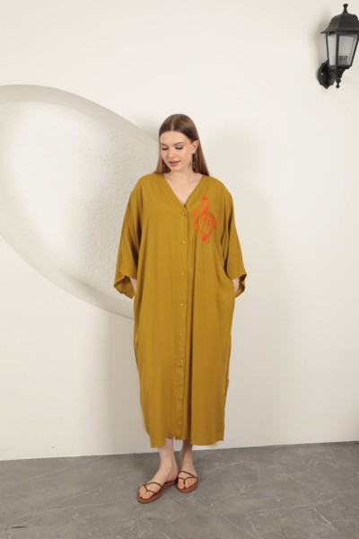 Viskon Sol Anahtar Nakışlı Elbise-Hardal