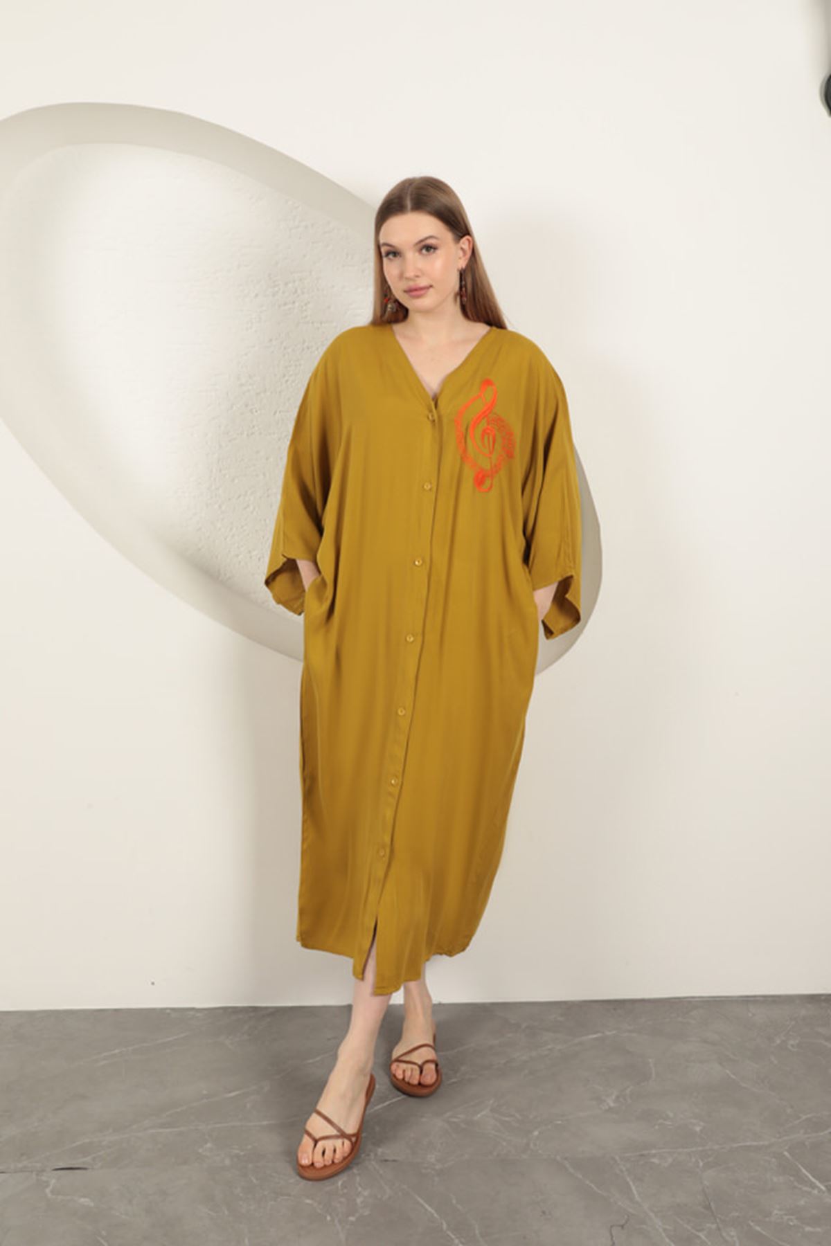 Viskon Sol Anahtar Nakışlı Elbise-Hardal