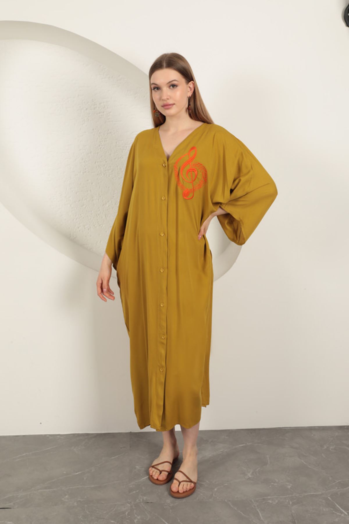 Viskon Sol Anahtar Nakışlı Elbise-Hardal