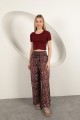 Viskon Kumaş Desenli Pantolon-Kırmızı