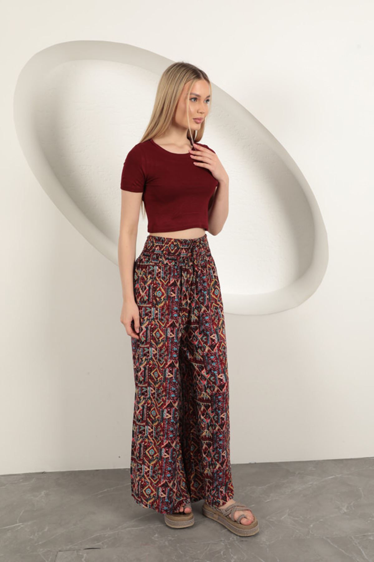 Viskon Kumaş Desenli Pantolon-Kırmızı