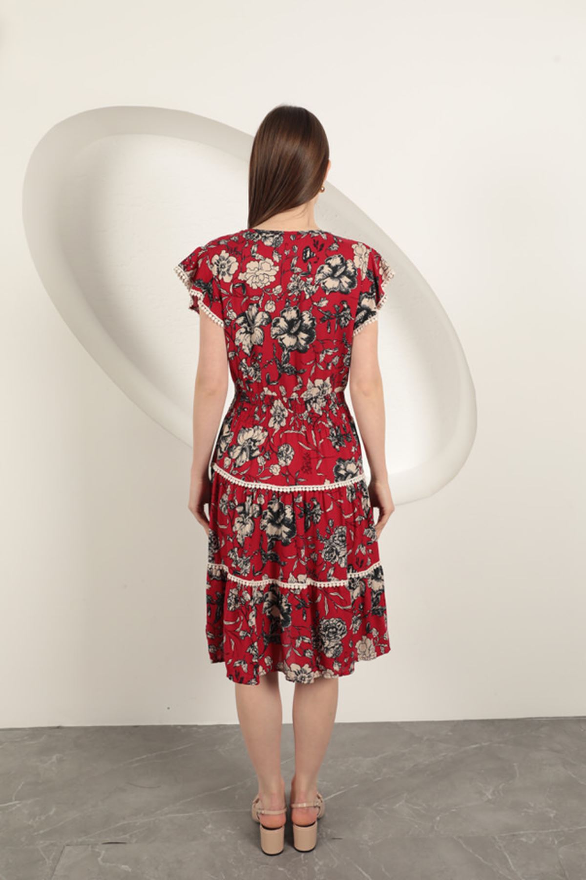 Viskon Çiçek Desenli Elbise-Kırmızı