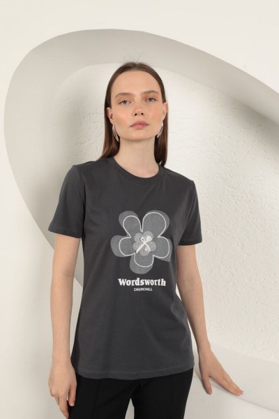 Süprem Kumaş Fiyonk Baskılı Tişört-Antrasit