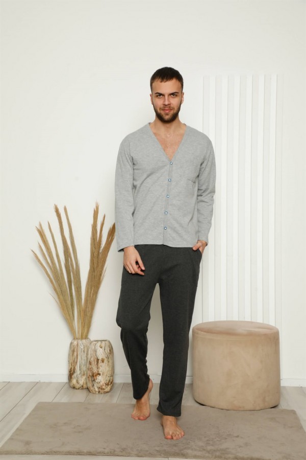 Moda Çizgi Erkek %100 Pamuk Önden Düğmeli Cepli Uzun Kollu Pijama Takımı 6769