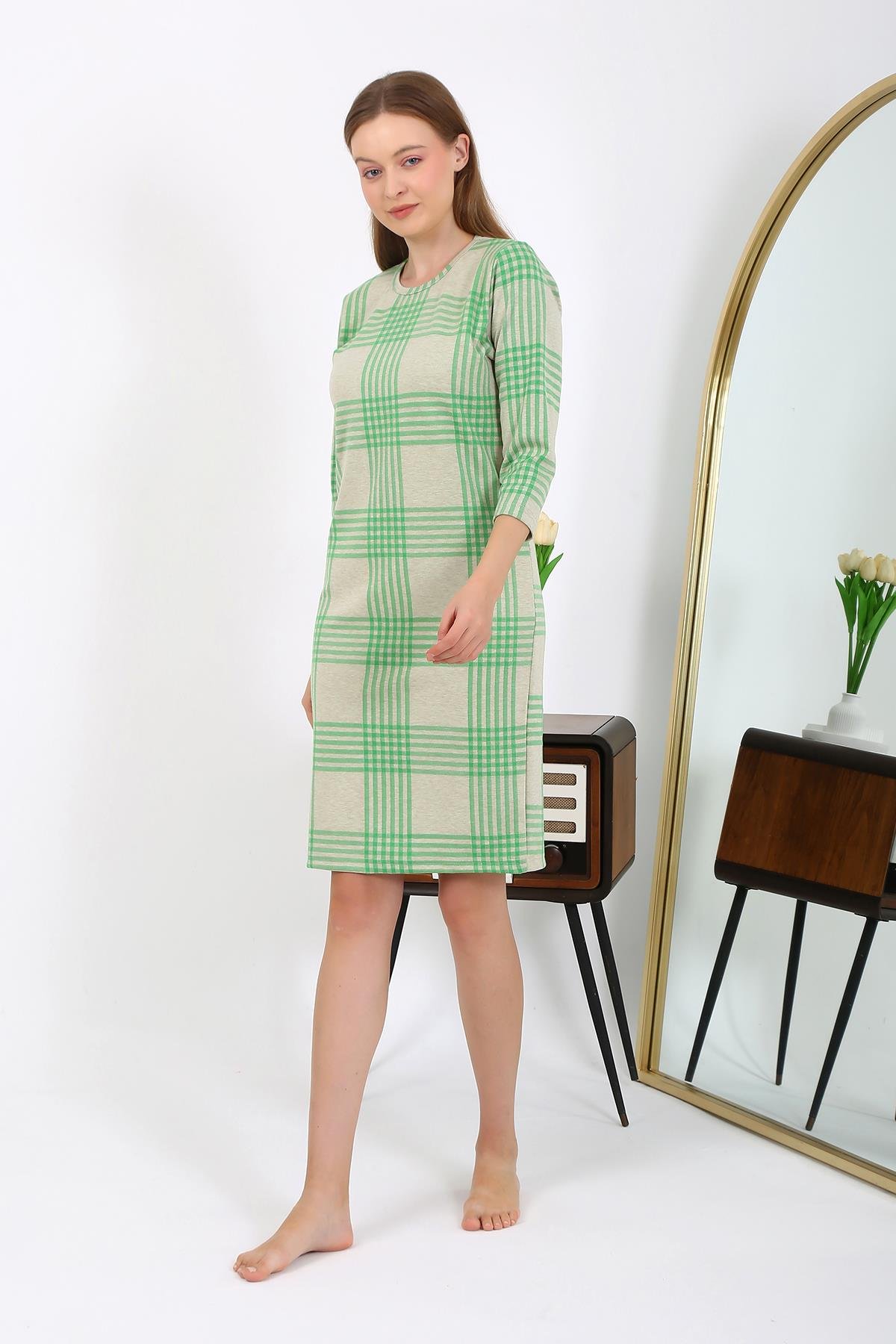 Akebeniz Pamuk Ev Elbisesi Tunik Gecelik Yeşil 13131