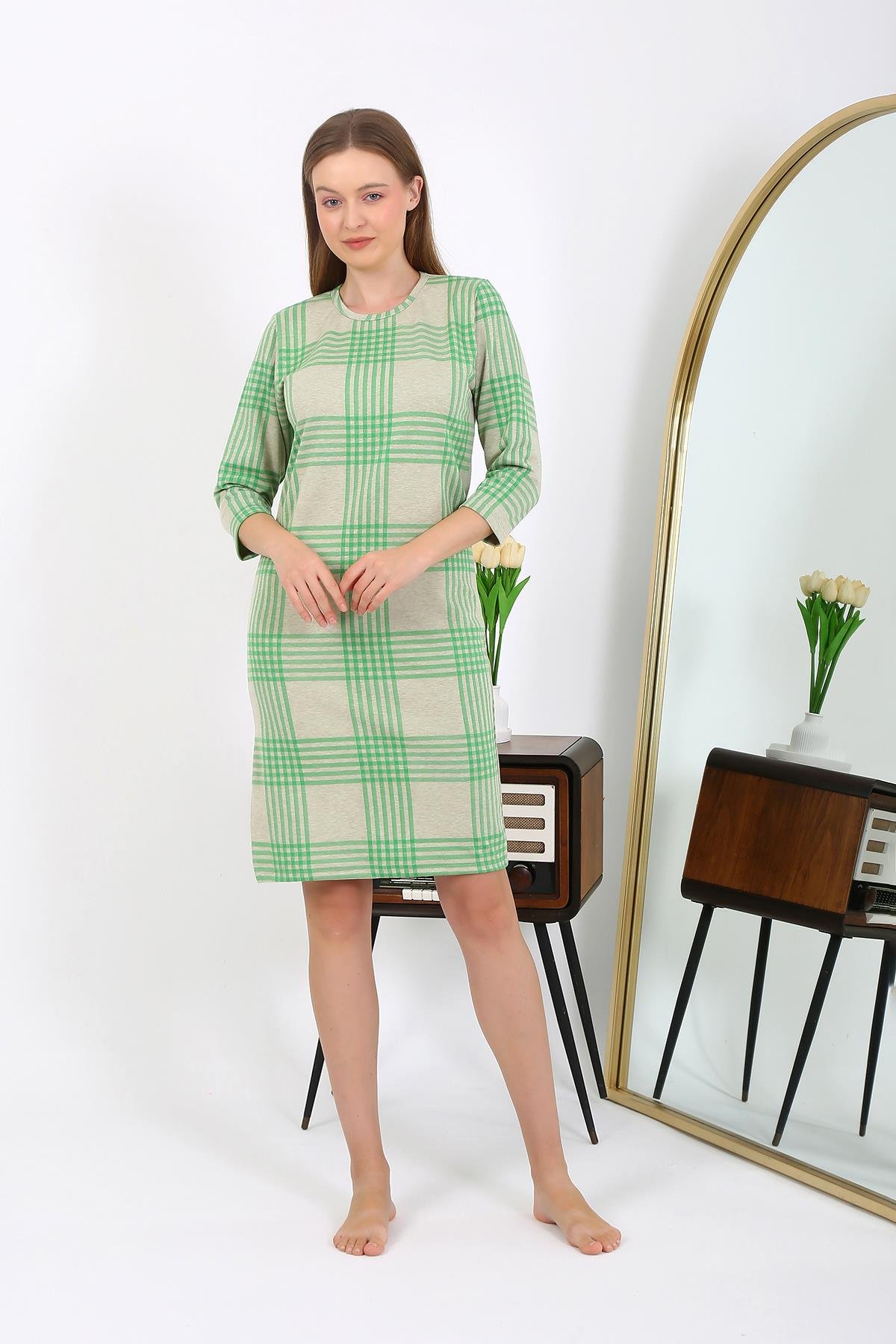 Akebeniz Pamuk Ev Elbisesi Tunik Gecelik Yeşil 13131