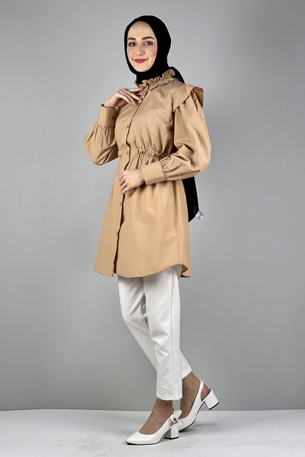 Moda Çizgi Bel Ve Yaka Detaylı Tunik