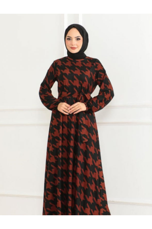Eteği Kloş Desenli Elbise TABA SİYAH