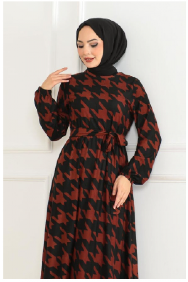 Eteği Kloş Desenli Elbise TABA SİYAH