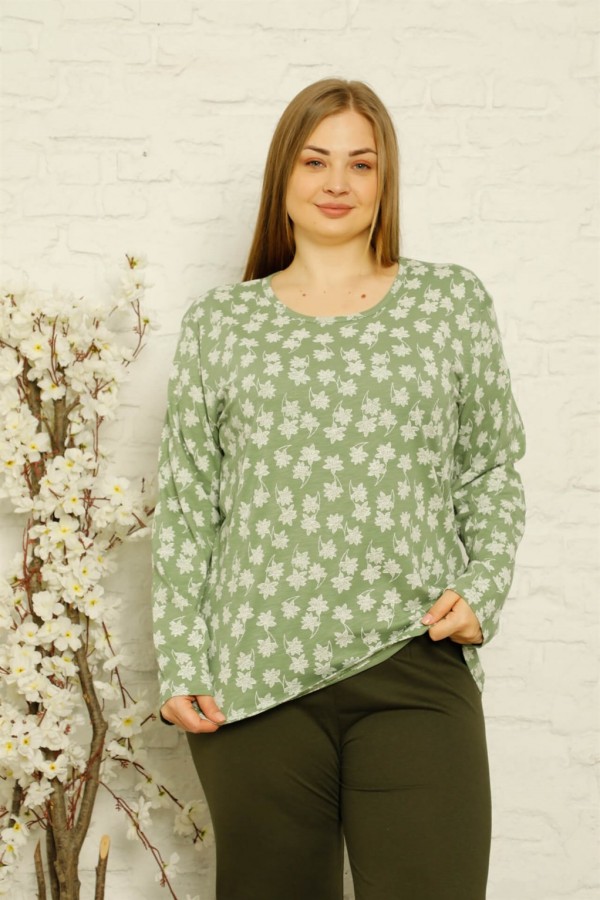 Kadın %100 Pamuk Cepli Uzun Kol Büyük Beden Pijama Takım 202118