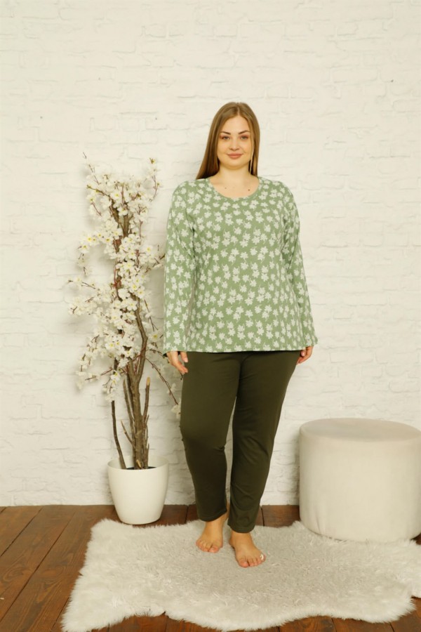 Kadın %100 Pamuk Cepli Uzun Kol Büyük Beden Pijama Takım 202118