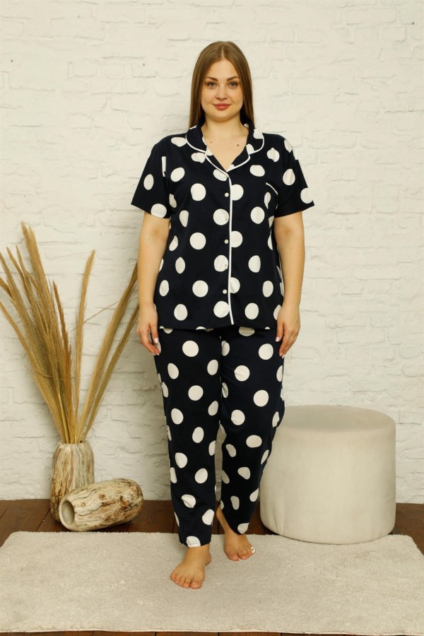 Moda Çizgi Kadın Pamuklu Cepli Kısa Kol Büyük Beden Pijama Takım 202123