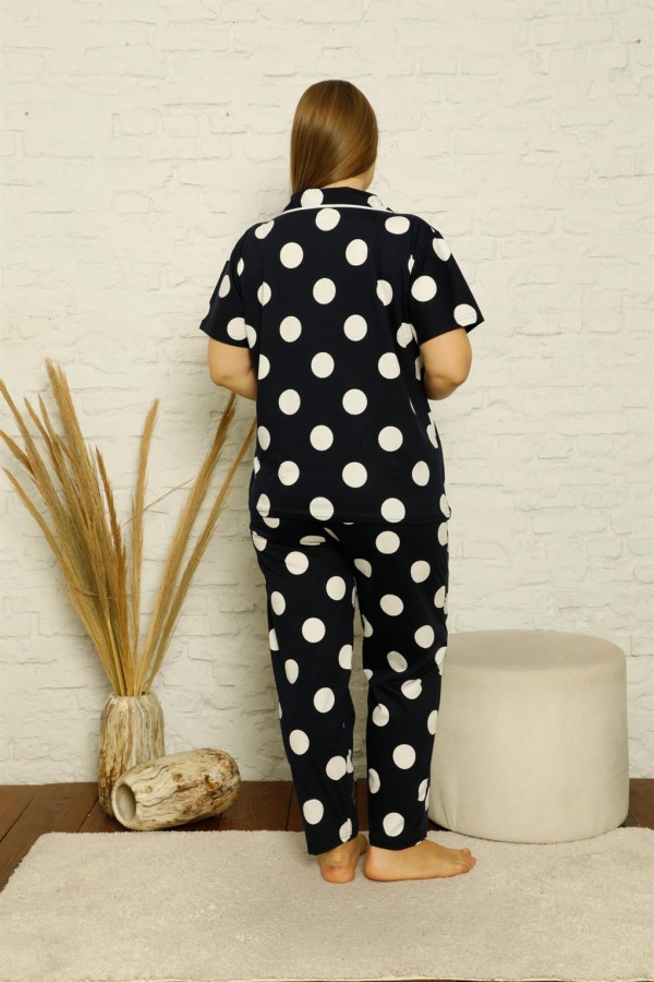 Moda Çizgi Kadın Pamuklu Cepli Kısa Kol Büyük Beden Pijama Takım 202123