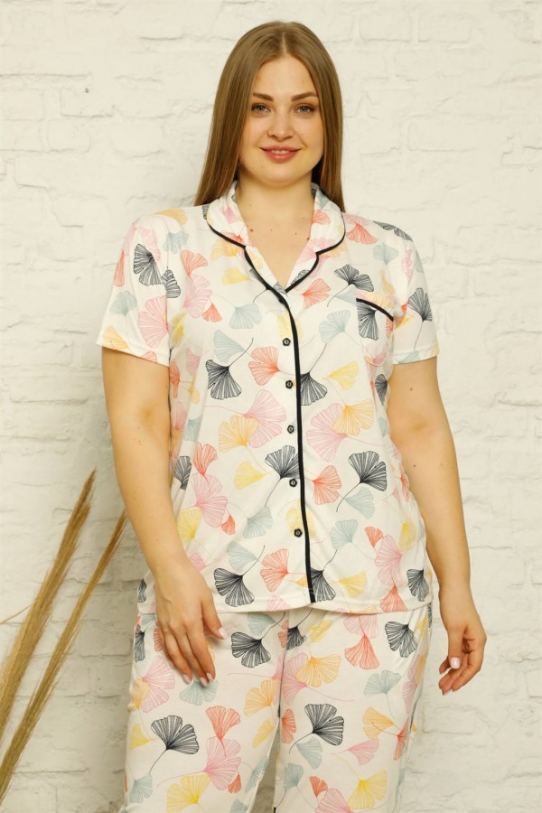 Moda Çizgi Kadın Pamuklu Cepli Kısa Kol Büyük Beden Pijama Takım 202125