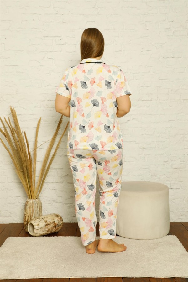 Moda Çizgi Kadın Pamuklu Cepli Kısa Kol Büyük Beden Pijama Takım 202125