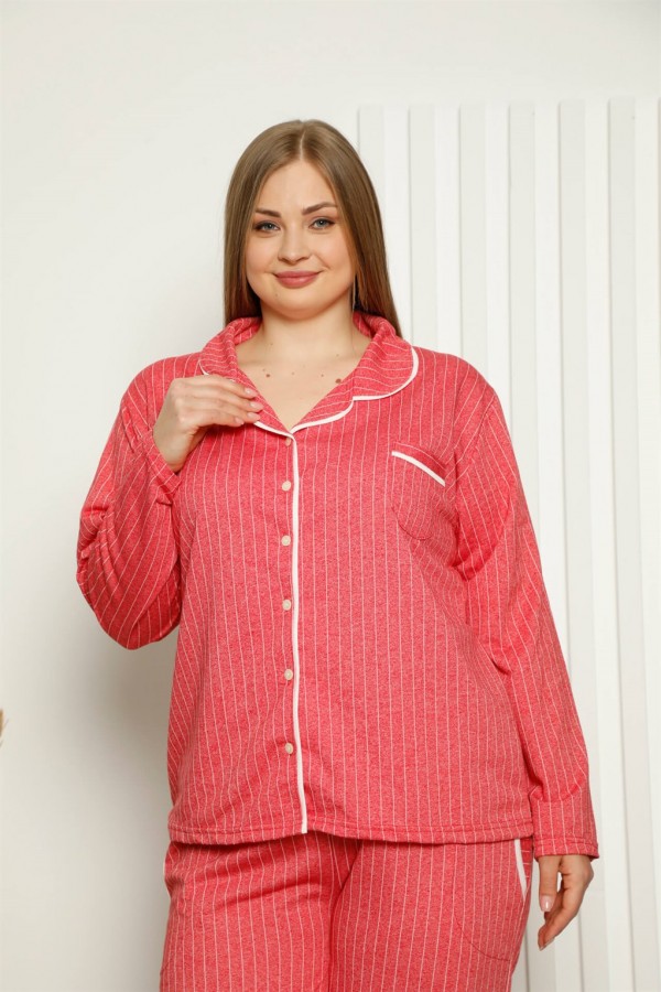 Moda Çizgi Kadın Pamuklu Cepli Uzun Kol Büyük Beden Pijama Takım 202121