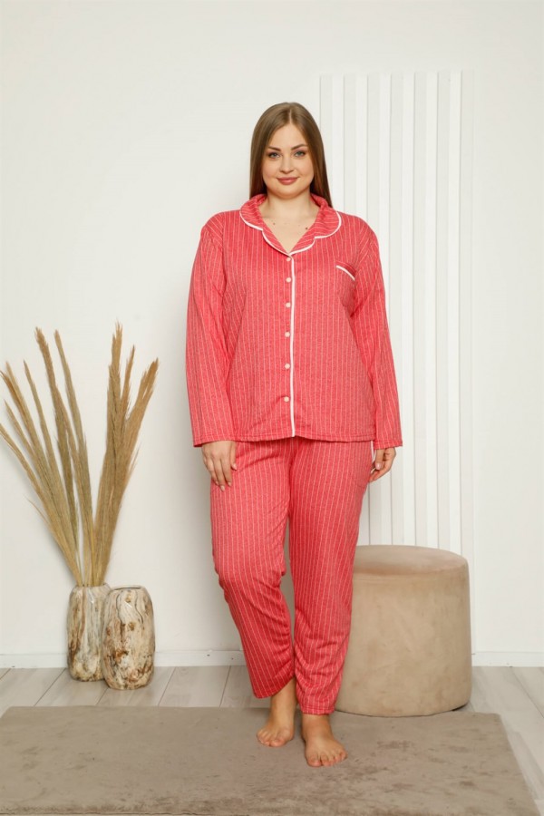 Moda Çizgi Kadın Pamuklu Cepli Uzun Kol Büyük Beden Pijama Takım 202121