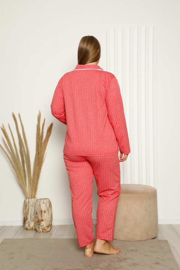 Moda Çizgi Kadın Pamuklu Cepli Uzun Kol Büyük Beden Pijama Takım 202121