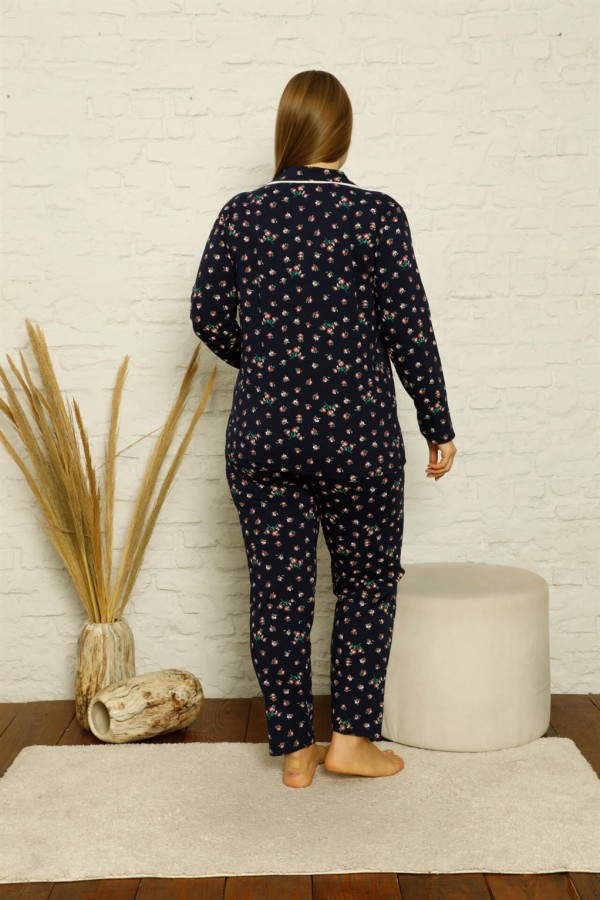 Moda Çizgi Kadın Pamuklu Cepli Uzun Kol Büyük Beden Pijama Takım 202127